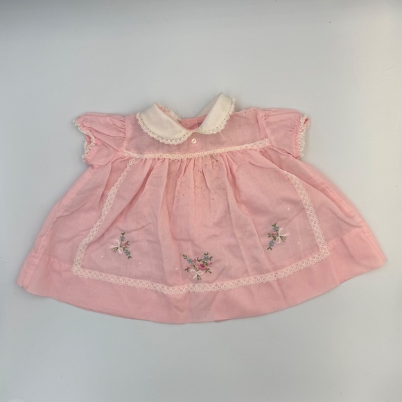 Baby Togs Other - Vtg 60s Baby Togs Pink Dress |Lace Collar & Floral Embroidery| 6-12 mo/Baby Doll